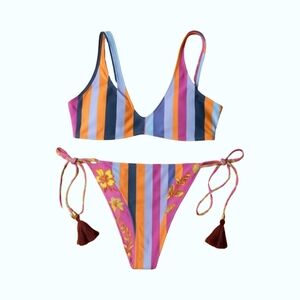 Reversible Festival Vibes Striped Floral Bikini Set Size S NWOT
